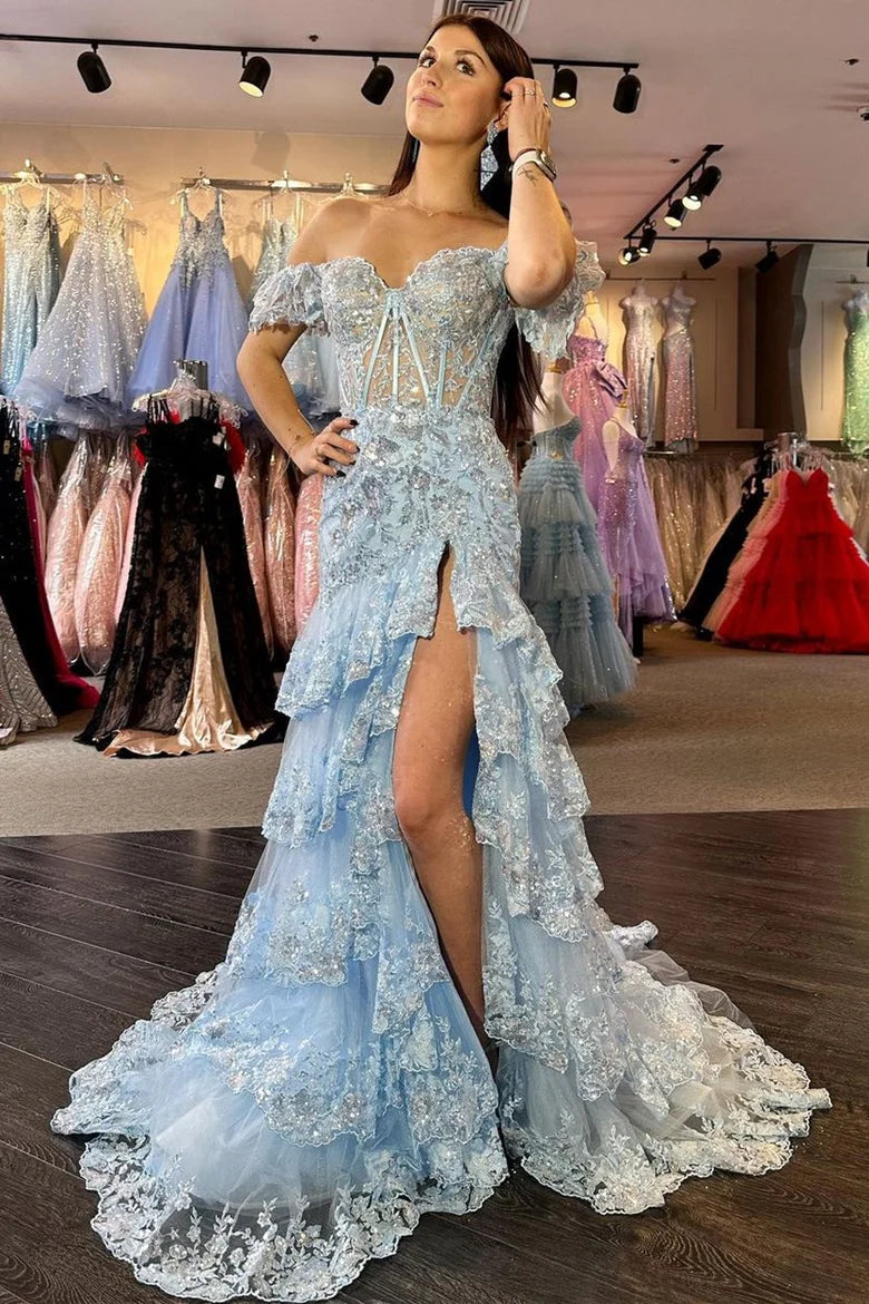 Tiered Prom Dress Blue Sequin-Embroidery Evening Gown Long Mychicdress