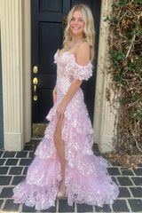 Tiered Prom Dress pink Sequin-Embroidery Evening Gown Long Mychicdress