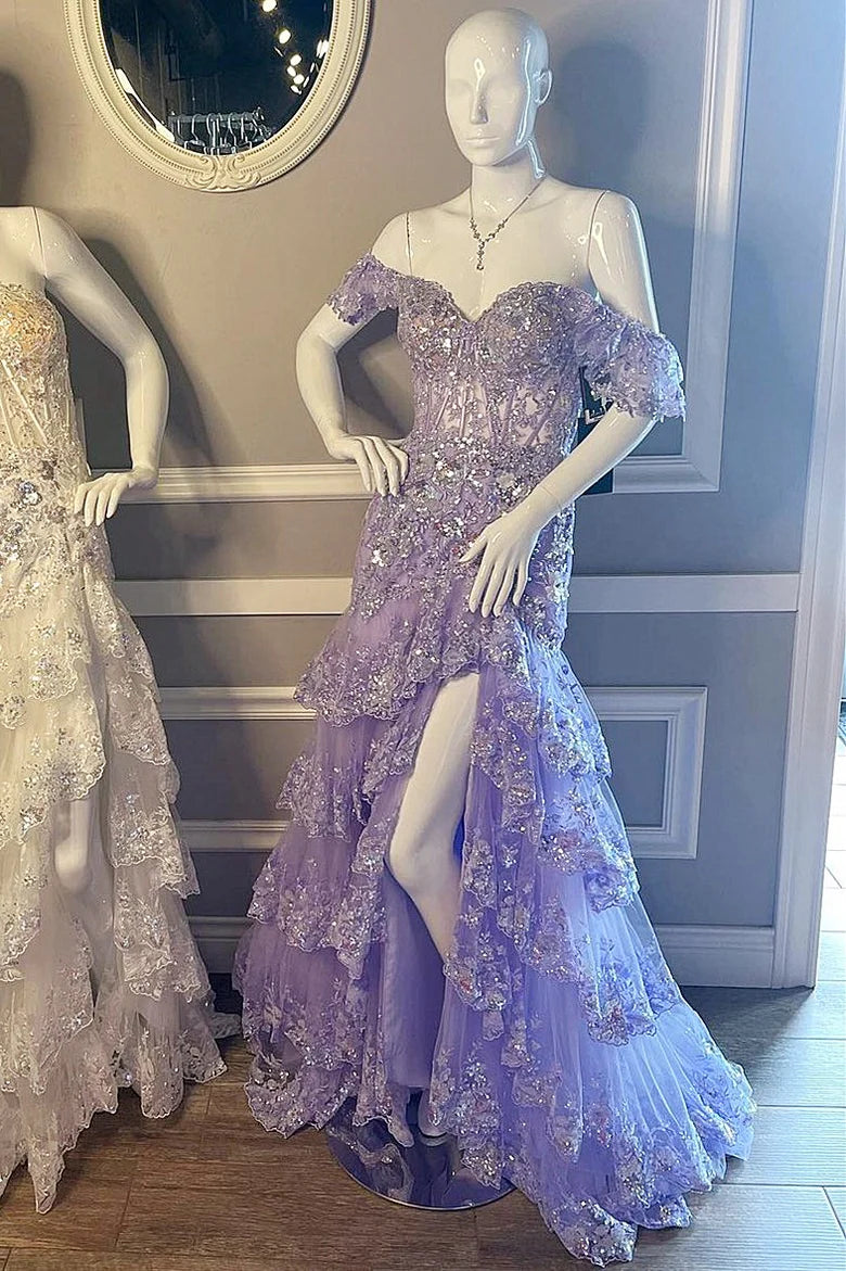 Tiered Prom Dress lavender Sequin-Embroidery Evening Gown Long Mychicdress