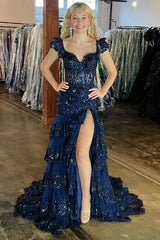 Tiered Prom Dress Navy Sequin-Embroidery Evening Gown Long Mychicdress