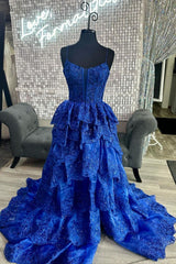 Long Royal Blue Tiered Prom Dress A-Line Sequins Straps