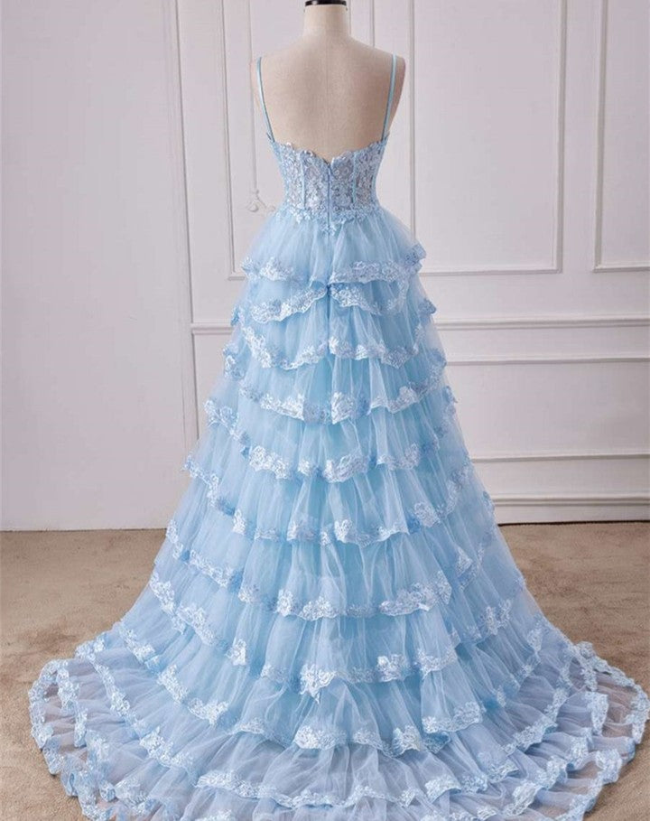 A Line Ruffles Layered Blue Prom Dresses Long Sequined Straps - MyChicDress