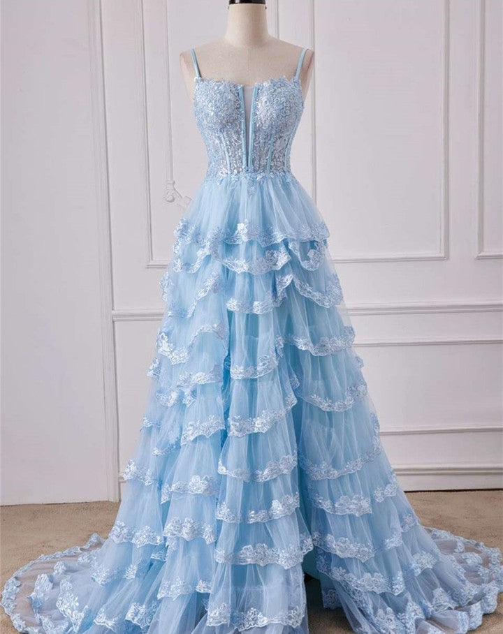 A Line Ruffles Layered Blue Prom Dresses Long Sequined Straps - MyChicDress