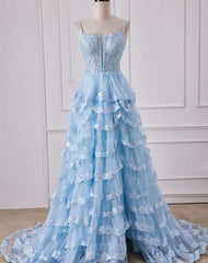 A Line Ruffles Layered Blue Prom Dresses Long Sequined Straps - MyChicDress