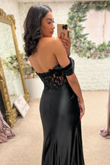 UK Off The Shoulder Corset Prom Dress Black Pleated Tight