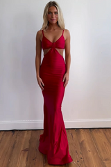 V-Neck Red Prom Dress Satin Sexy Evening Gown Spaghetti Straps