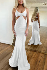 V-Neck white Prom Dress Satin Sexy Evening Gown Spaghetti Straps