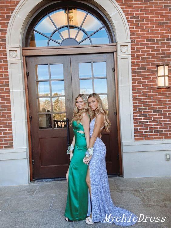 2024 Light Blue Sequins Prom Dresses V Neck Mermaid Formal Dress with slit