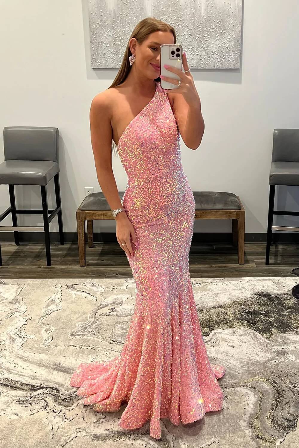 Mermaid Long Sleeve Two Piece Hot Pink Prom Dress