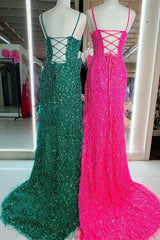 2024 Cheap Long Sequins Prom Dress Hot Pink Evening Dress with Feathers MyChicDress