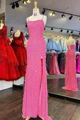 2024 Cheap Long Sequins Prom Dress Hot Pink Evening Dress with Feathers MyChicDress