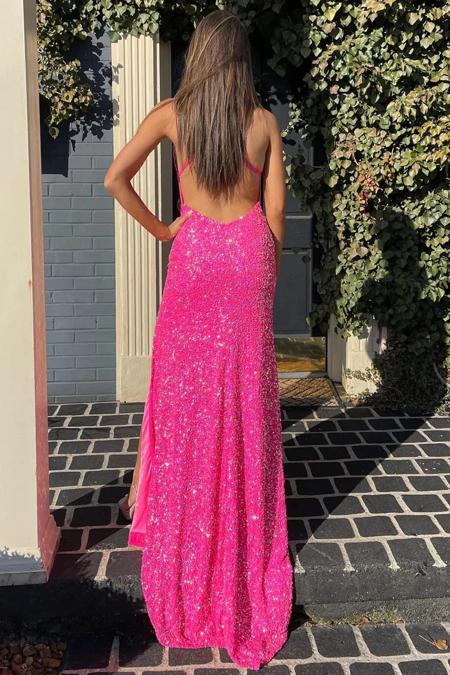 2024 Hot Pink Sequins Evening Dresses UK Mermaid V Neck Long Prom Dresses with Slit MyChicDress