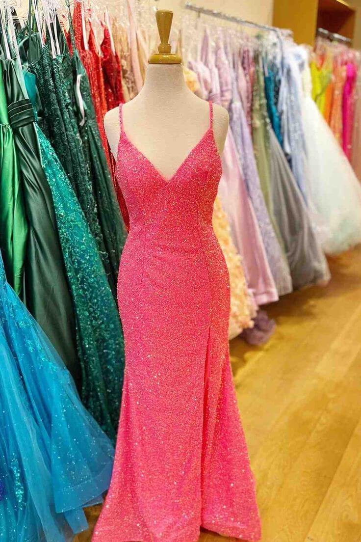 2024 Hot Pink V Neck Sequins Long Prom Dresses Crossed Back Mermaid with Slit MyChicDress