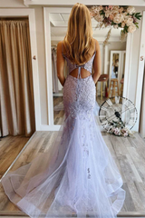 2024 Lace Long Lavender Prom Dress Floral V Neck Mermaid Purple Evening Dress MyChicDress