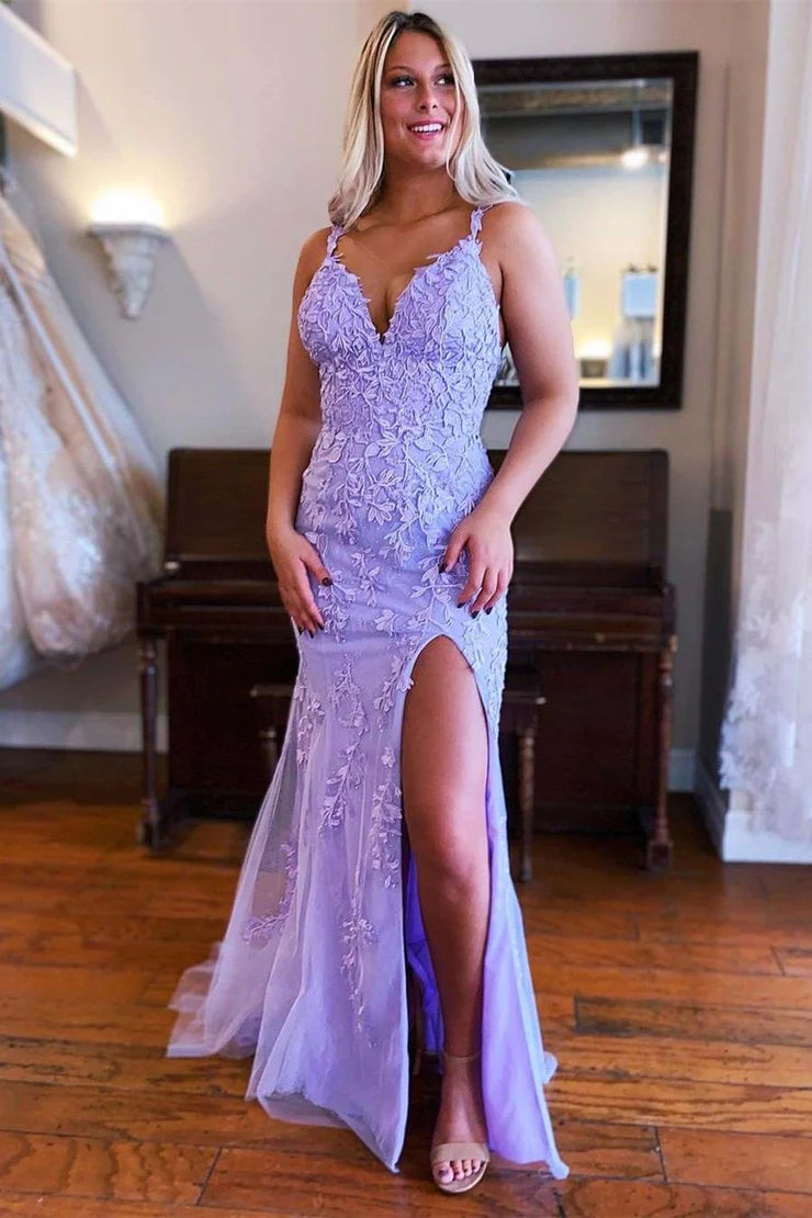 2024 Lavender Lace Prom Dresses Corset Mermaid V Neck Formal Gowns with Appliques MyChicDress