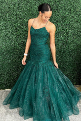 2024 Long Green Prom Dresses Mermaid Lace Applique Formal Graduation Dress MyChicDress