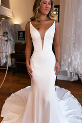 2024 Long Satin White Prom Dresses V Neck Mermaid Maxi Beach Summer Wedding Dress MyChicDress