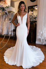 2024 Long Satin White Prom Dresses V Neck Mermaid Maxi Beach Summer Wedding Dress MyChicDress