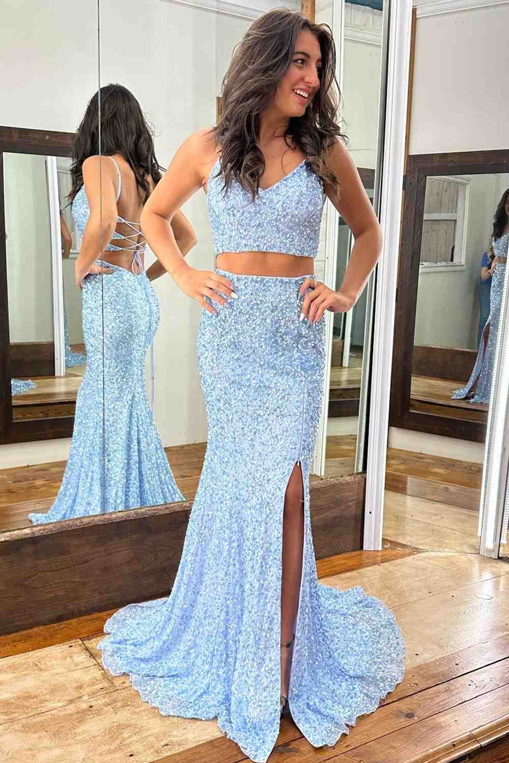 2024 Long Sequins 2 Piece Prom Dress Light Blue V Neck Mermaid Lace-Up Slit MyChicDress