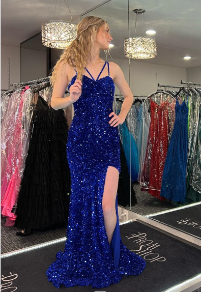 2024 Royal Blue Sequins Long Prom Dress Mermaid Straps Evening Dress UK with Slit MyChicDress