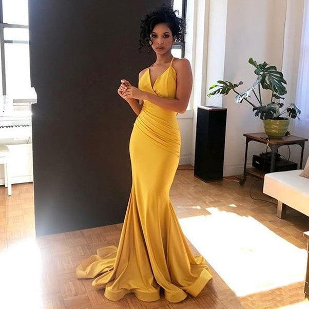 2025 Yellow Prom Dress V-Neck Sexy Mermaid Evening Gown - MyChicDress