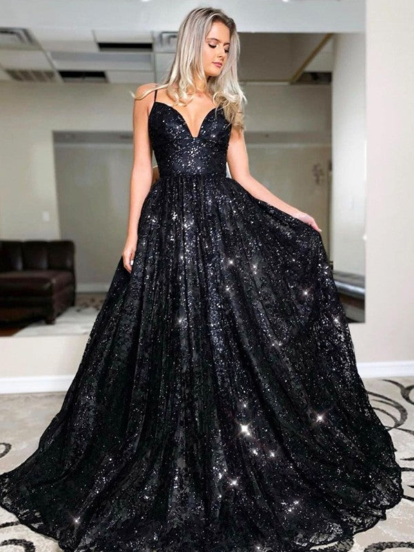 2025 A Line Black Sequin Prom Dresses V Neck Spaghetti Straps Lace Up MyChicDress