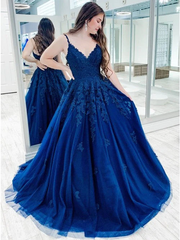 2025 A Line Blue Lace Prom Dresses Long Sleeveless Evening Gown MyChicDress