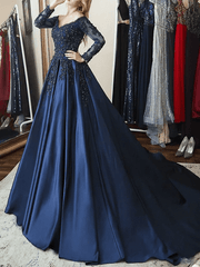 2025 A Line Prom Dresses Navy Blue Long Sleeves Appliques V Neck Evening Gown MyChicDress