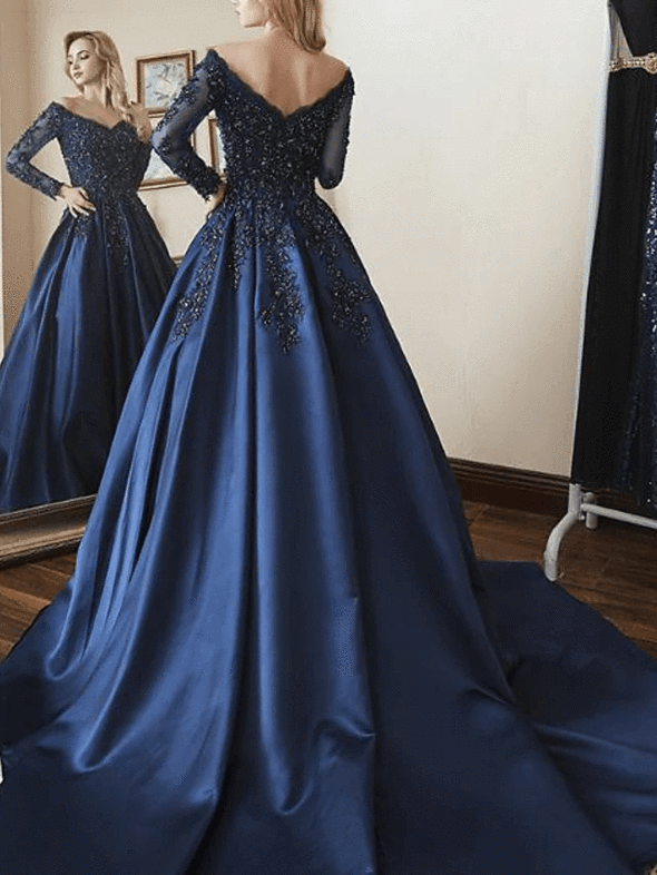 Navy blue long gown with sleeves best sale