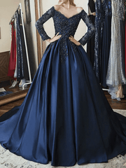 2025 A Line Prom Dresses Navy Blue Long Sleeves Appliques V Neck Evening Gown MyChicDress