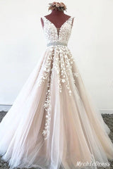 2025 A Line Tulle Lace Prom Dresses Champagne Evening Dress Beading Belt MyChicDress