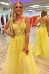 2025 A Line Yellow Lace Long Prom Dress V Neck Open Back UK Evening Dress Cheap MyChicDress