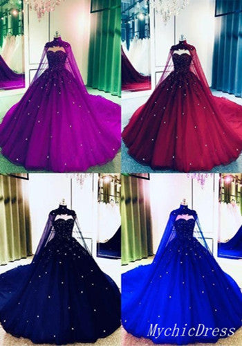 2025 Ball Gown Appliques Crystals Gothic Black Wedding Dresses Sleeveless with Cape MyChicDress