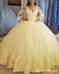 2025 Ball Gown Lace Yellow Quince Dresses Cheap Long Sleeves Tulle Sweet 16 Dress MyChicDress