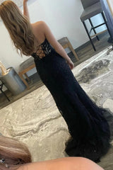 2025 Black Lace Prom Dresses Strapless Split Long Evening Dresses Mermaid MyChicDress