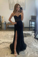 2025 Black Lace Prom Dresses Strapless Split Long Evening Dresses Mermaid MyChicDress