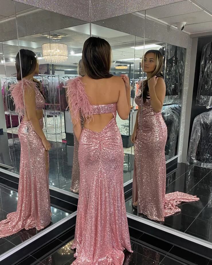 2025 Blush Pink Sequins Prom Dresses Mermaid Evening Dress One Shoulder MyChicDress