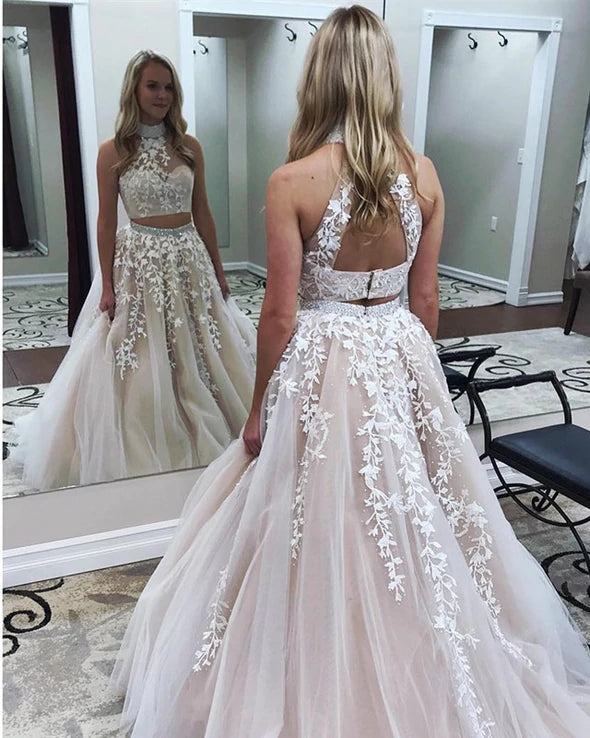 2025 Champagne Two Piece Prom Dresses UK High Neck Lace Evening Dress MyChicDress