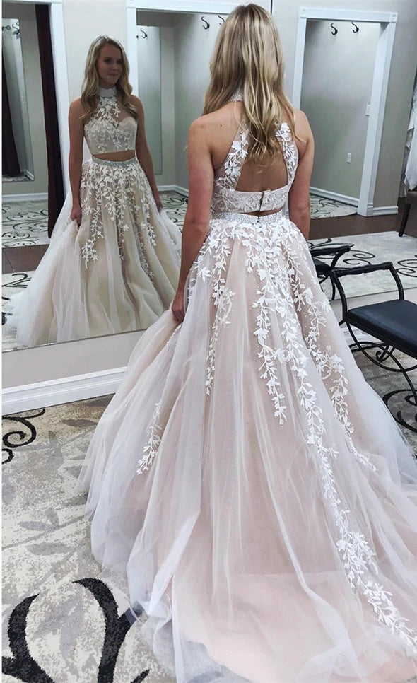 2025 Champagne Two Piece Prom Dresses UK High Neck Lace Evening Dress MyChicDress