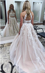 2025 Champagne Two Piece Prom Dresses UK High Neck Lace Evening Dress MyChicDress