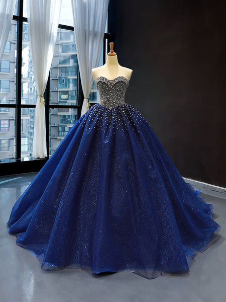 2025 Crystals Sequined Navy Blue Quince Dresses Ball Gown Wedding Dresses MyChicDress