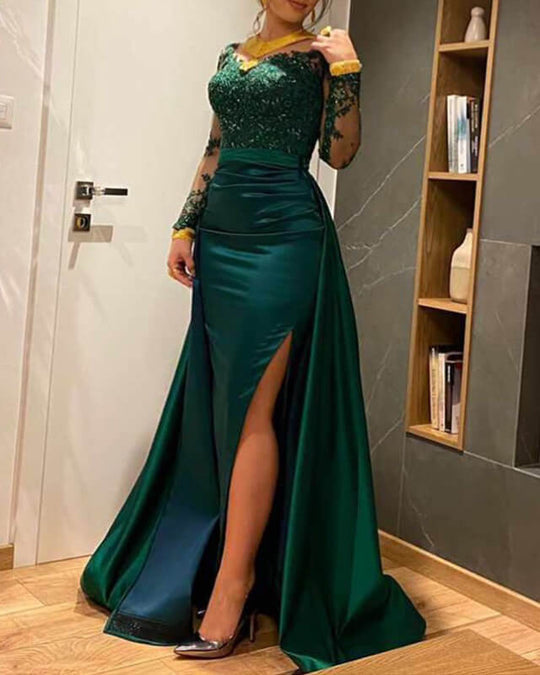 2025 Green Lace Prom Dresses Satin Mermaid V-neck Evening Dresses with Sleeves MyChicDress