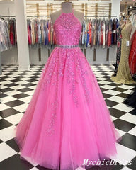 2025 Halter Pink Prom Dresses A Line Lace Evening Gowns With Beaded MyChicDress