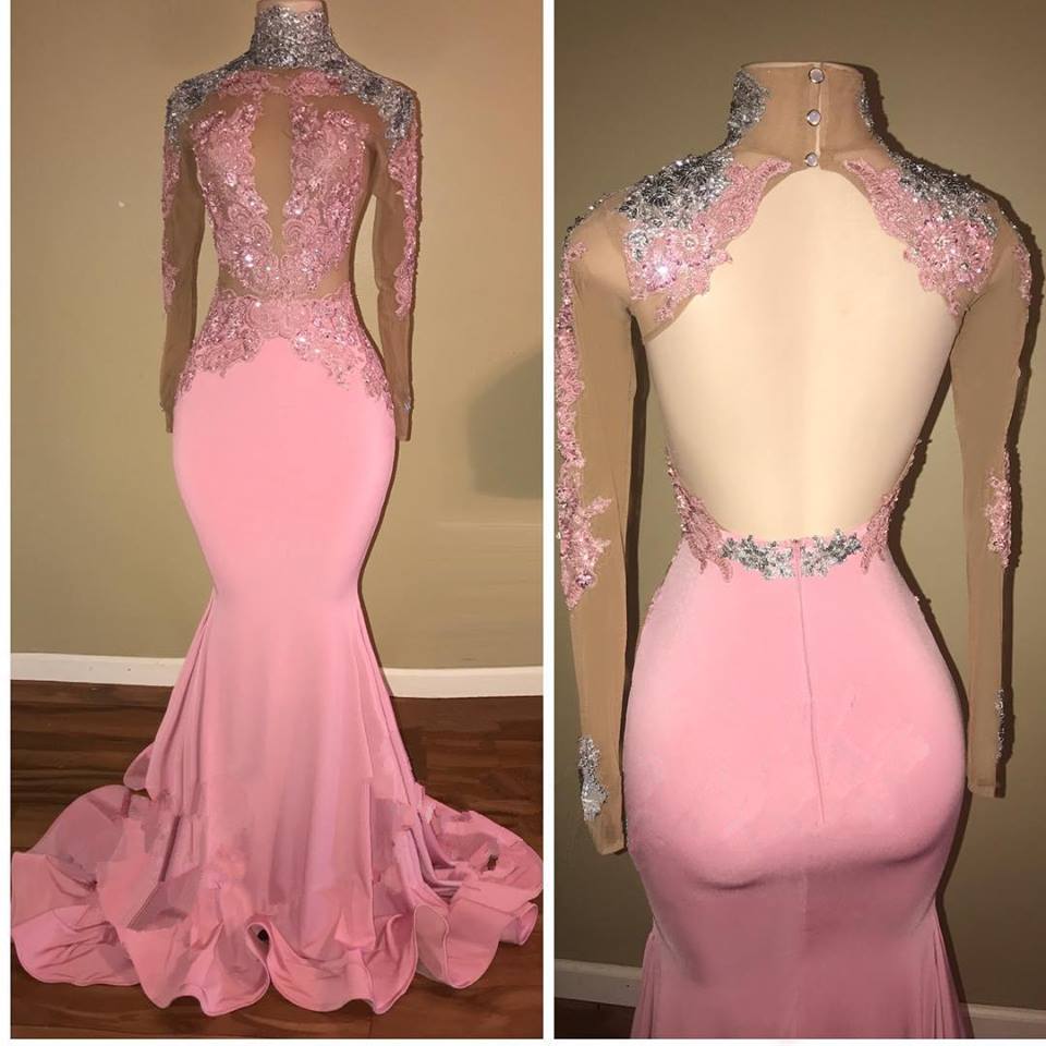 2025 High Neck Backless Pink Lace Prom Dresses Beaded - MyChicDress