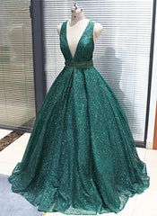 2025 Hot Green Sequined Prom Dresses Long V Neck Ball Gown Quinceanera Dresses MyChicDress