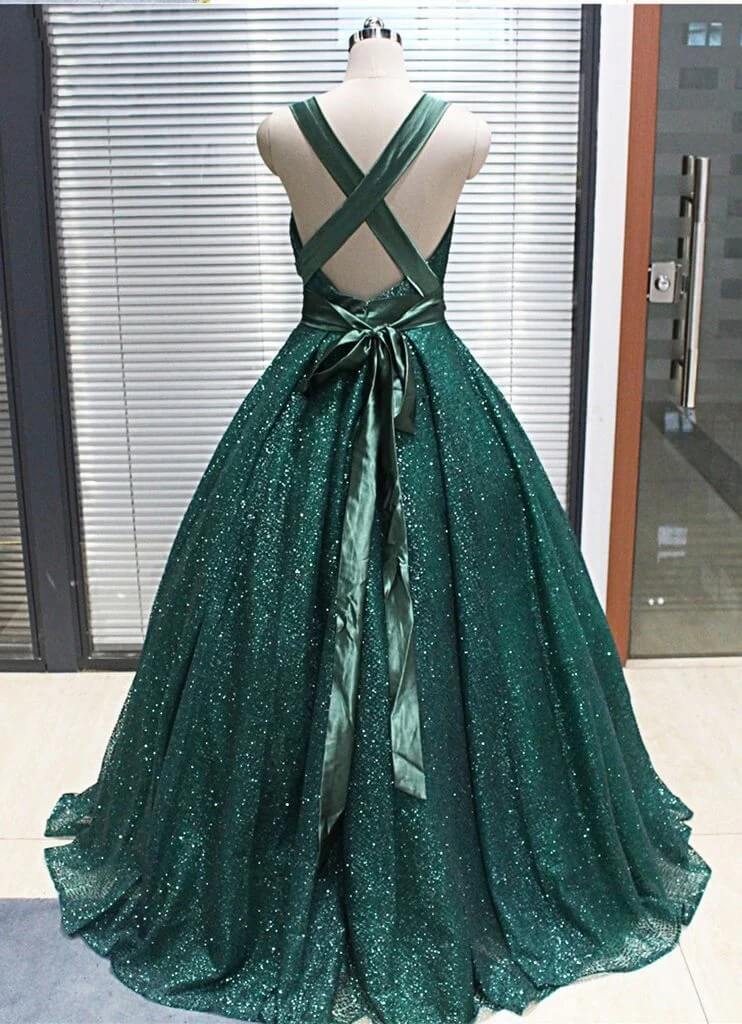 2025 Hot Green Sequined Prom Dresses Long V Neck Ball Gown Quinceanera Dresses MyChicDress