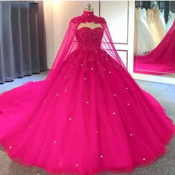 2025 Hot Pink Quinceanera Dresses Sweet 16 Ball Gown Detachable Cape MyChicDress