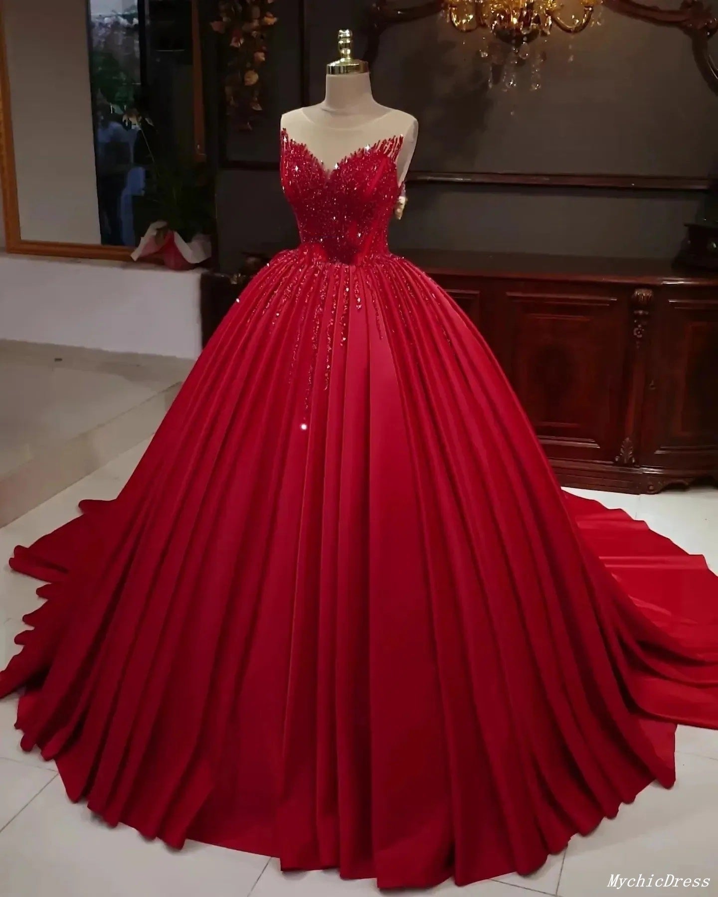 2025 Hot Red Sequins Quince Dresses Sleeveless Stretch Satin Sweet 16 Dress MyChicDress