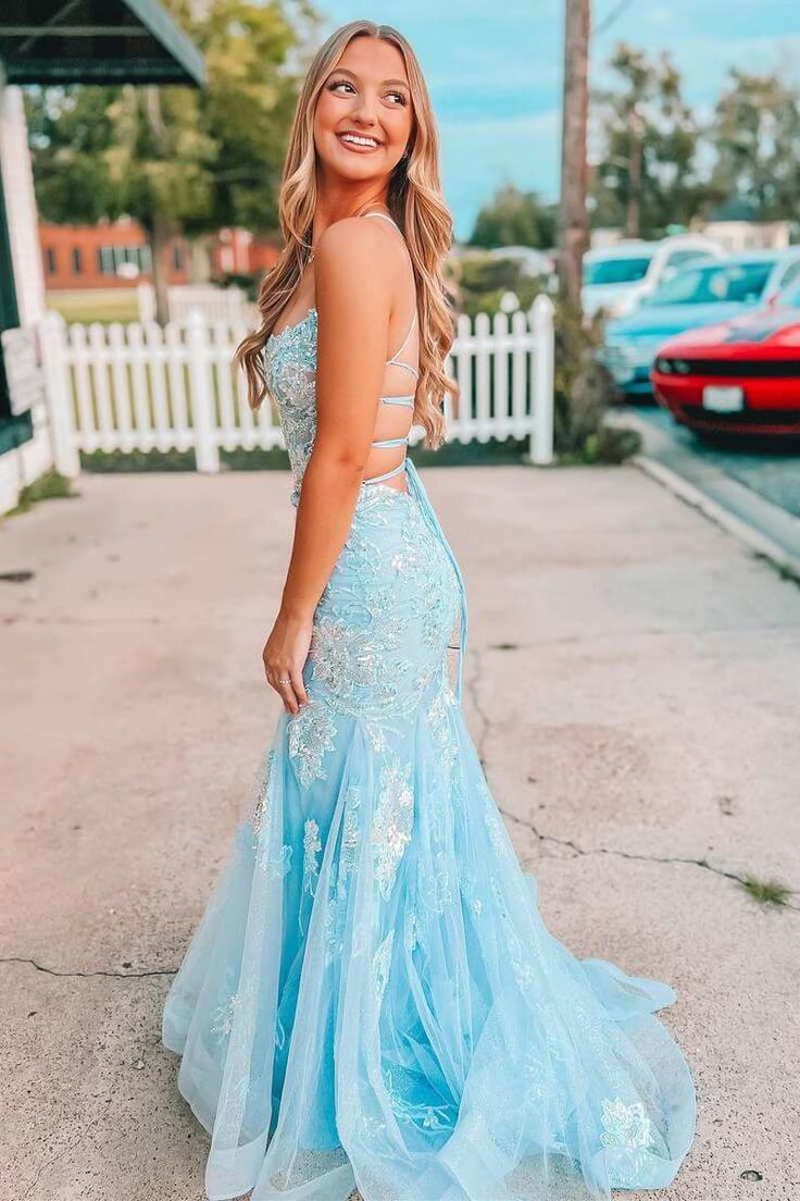 2025 Light Blue Long Prom Dress Lace Appliques Straps Mermaid Formal Dress Lace-Up MyChicDress