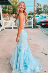 2025 Light Blue Long Prom Dress Lace Appliques Straps Mermaid Formal Dress Lace-Up MyChicDress